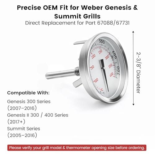 BLUES GRILL PARTS 67088/67731 2-3/8" Grill Thermometer - Replacement for Weber Genesis 300 (2007-2016), Genesis II 300/400 & Summit Series (2005-2016, E/S310/315/330/335/410) - Thumbnail 2