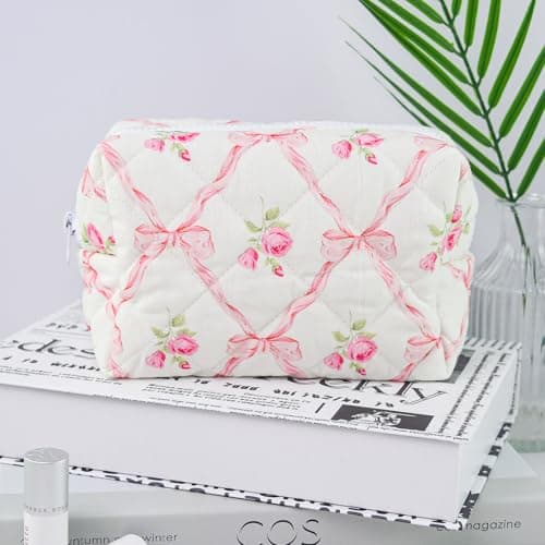 Quilted Makeup Bag Floral Cotton Make up Bag Puffy Coquette Makeup pouch Aesthetic Cute Travel Toiletry Bag for Women Girls - Thumbnail 5