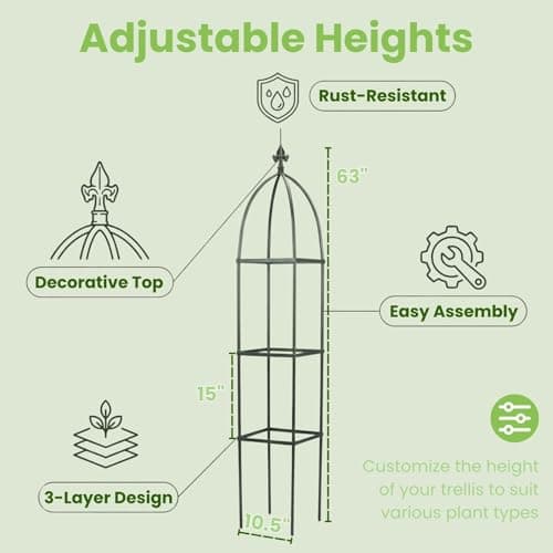Lancisism 100% Metal Trellis for Climbing Plants Outdoor - Garden Metal Obelisk Trellis Vertical Plant Support for Climbing Vines & Flowers - Sturdy Steel Arch Trellis for Potted Plants Indoor Green - Thumbnail 5