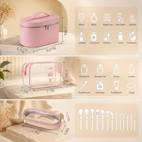 Eorakla Travel Toiletry Bag Set for Women, 3-Piece Makeup Organizer with TSA Approved Clear Bag & Brush Pouch, Waterproof Cosmetic Bags for Carry On (Pink) - Thumbnail 2