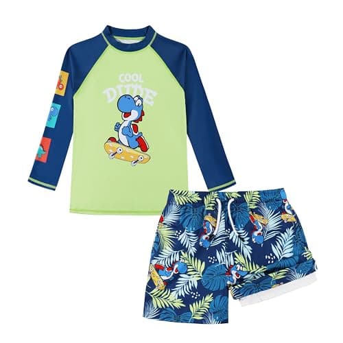 MILANKERR Toddler Rash Guards Sets with Trunks with Compression Lined,Boys Swim Trunks and Shirt Long Sleeve,Navy Green Dinosaur Size 2T - Image 1