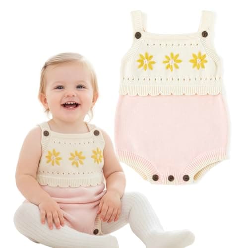 Simplee kids Baby Girl Knit Romper Sleeveless Floral Newborn Infant Overall Jumpsuit Pink 0-3 Months - Image 1