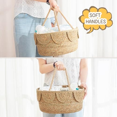 FairyHaus Diaper Caddy Organizer, Portable Natural Wicker Diaper Caddy with Rope Handles and Cotton Divider, Handwoven Seagrass Diaper Caddy Basket with Scalloped Edge for Nursery Picnic - Thumbnail 5