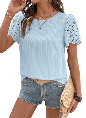 SHEWIN Womens Blouses Dressy Casual Crew Neck Texture Short Sleeve Lace Tops for Women Hollow Out Womens Tops Pullover Spring Clothes for Women,(US 16-18) XL,Light Blue - Image 1