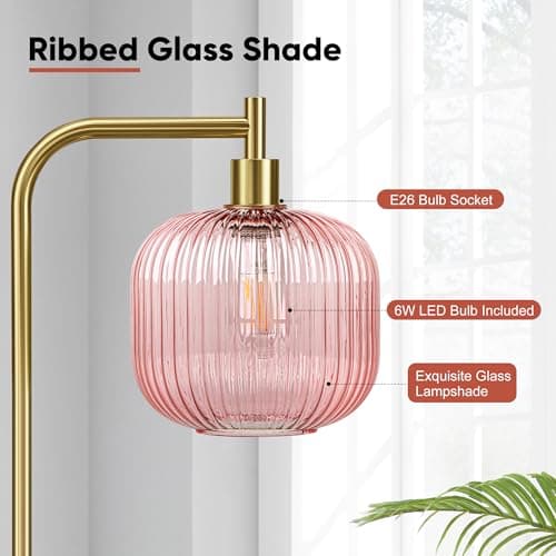 QiMH Glass Floor Lamp for Living Room, 67” Modern Standing Lamp with Pink Ribbed Glass Lampshade Pedal Switch Tall Lamp for Bedroom, Brushed Gold (2700K LED Bulb Included) - Thumbnail 5