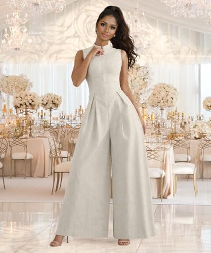 knowfashionstyle Jumpsuits For Women Dressy Sleeveless Zip Up Wide Leg Jumpsuit Date Night Rompers Formal Party Outfits Apricot 2XL - Thumbnail 4