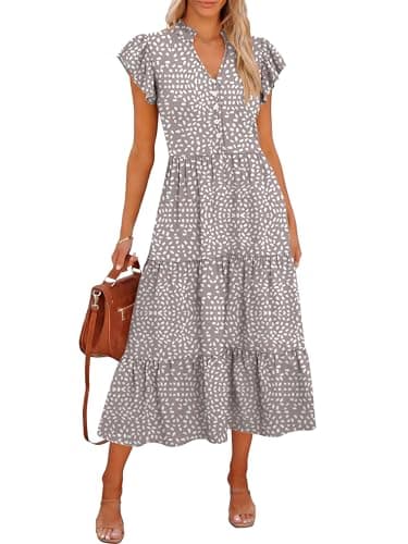 Caracilia Women Summer Casual V Neck Button Down Ruffle Sleeve Midi Dresses 2026 Fashion Flowy Tiered Beach Vacation Sundress Khaki Polka Dot Gray Medium - Image 1