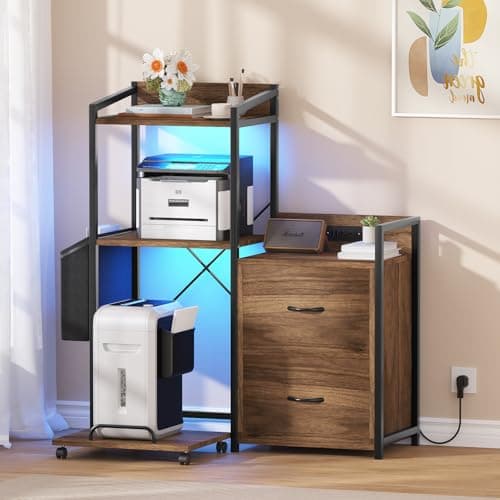 Garvee 2 Drawer File Cabinet, Filing Cabinet Fits Letter/a4 Size, Large Printer Stand with Storage, Printer Cabinet for Home Office with Power Strip, LED Lights, Open Shelf - Thumbnail 3
