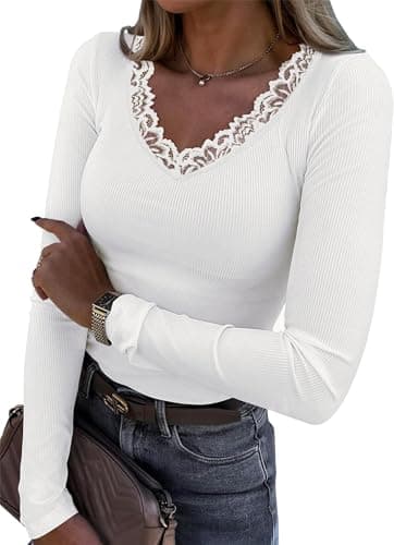 Womens Long Sleeve Tops Lace V Neck Ribbed Knit T Shirts Stretchy Slim Fit Autumn Casual Blouse - Image 1