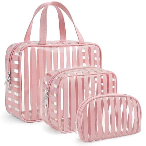 Edelefas 3 Pack Clear Pink PVC Travel Toiletry Bags - TSA Approved Waterproof Makeup Organizer Set with Handle, Striped Cosmetic Pouches for Airplane Gym and Daily Use - Image 1