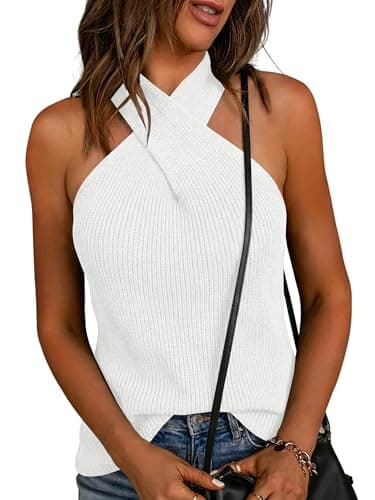 LaGracia Women's Halter Criss Cross Crochet Tops Knit Sleeveless Sweater for Women Tank Trendy Elegant Spring Summer Outfits 2026 White L - Image 1