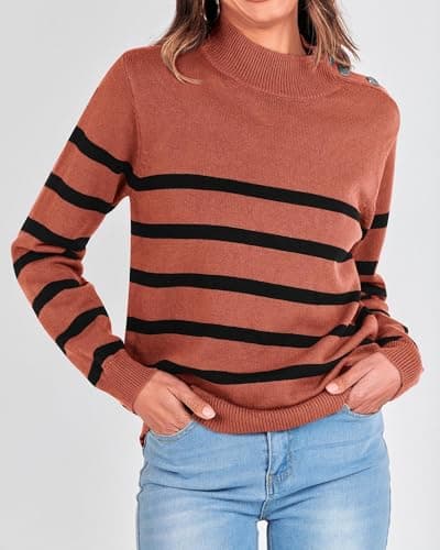 KIRUNDO Fall Sweaters for Women 2026 Striped Turtleneck Ribbed Knit Sweater Trendy Pullover Jumper Winter Fashion Clothing(Medium, Rust Red) - Thumbnail 6