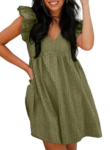 Dokotoo Beach Vacation Clothes for Womens 2026 Summer Casual Short Sleeve V Neck Swing Dress Flowy Cutout Ruffle Dress Trendy Gowns and Evening Dresses Spring Party Dresses Green X-Large - Image 1