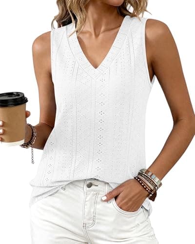 BTFBM Womens Tank Tops 2026 Summer Eyelet Crossed V Neck Sleeveless Casual Loose Flit Basic Spring Top Vacation Outfits(White, XX-Large) - Image 1