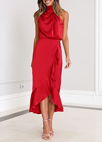 KIRUNDO Women 2026 Spring Summer Satin Mock Neck Wedding Guest Party Cocktail Midi Dress Sleeveless Wrap Ruffle Formal Dress(Red, X-Large) - Thumbnail 2