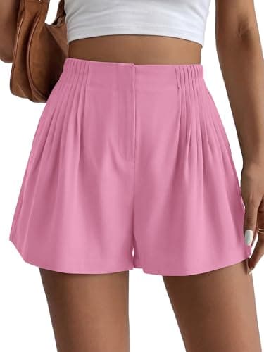 BTFBM Womens Shorts Casual 2026 Spring Summer Elastic High Waisted Pleated Cotton Shorts Beach Vacation Outfits Pockets(Pink, Large) - Image 1