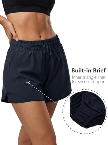 Stelle Women Running Shorts with Pockets High Waisted Drawstring Athletic Workout Quick-Dry Gym Shorts Mesh Liner (Navy, S) - Thumbnail 4