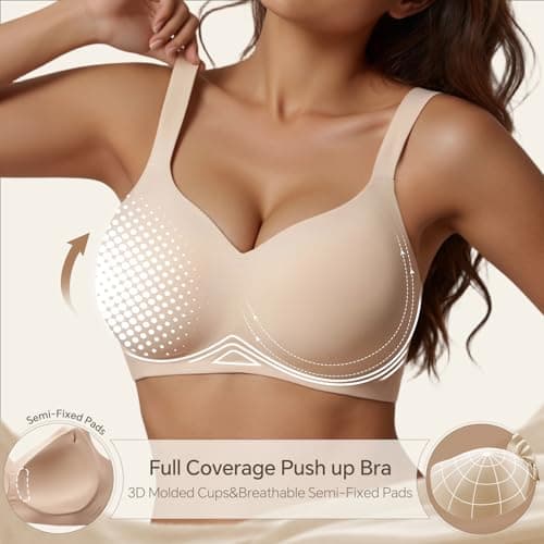 UIMERO Wireless Bras for Women No Underwire Supportive Jelly Bras Comfort Full Coverage Everyday Seamless T-Shirt Sports Bras Nude - Thumbnail 3