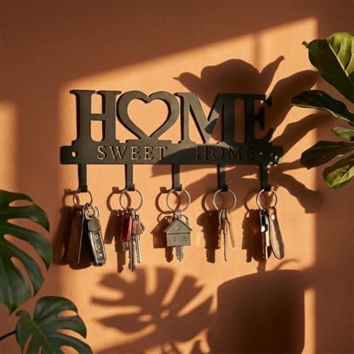Key Holder Hooks Organizer Hanger Rack Wall Mounted Sweet Home Metal Decor Stylish and Practical for Entryway Front Door Kitchen Hallway Garage Mudroom Office Hardware Included Black (Sweet 13 inches) - Thumbnail 4