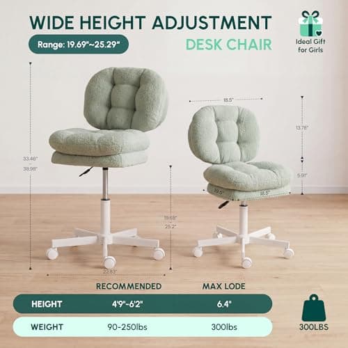 Dowinx Vanity Chair with Wheels, Double-Layered Thickened Cushion Makeup Chair with High Backrest, Armless Swivel Ergonomic Comfy Desk Chair for Home Office, Adjustable Height for Bar Counter-Green - Thumbnail 2