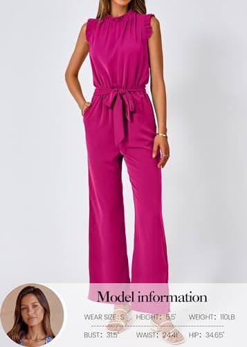 KIRUNDO Jumpsuits For Women Dressy Summer One Piece Sleeveless Ruffle Mock Neck Belt Pockets Formal Wide Leg Pants Romper(Rose Red, XX-Large) - Thumbnail 2