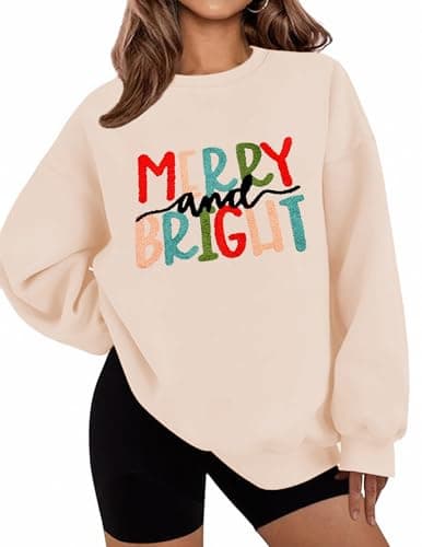 LETSEE Cute Christmas Sweatshirts for Women Merry And Bright Graphic Soft Fleece Plus Size Pullover Sweaters Winter Clothes, Apricot, XX-Large - Image 1