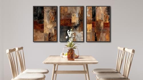 Large Framed Rustic Abstract Wall Art Canvas Prints Set of 3, Neutral Dark Brown Painting Wall Pictures, Retro Industrial Artwork for Living Room Bedroom Office Decor 24"x36"x3 - Thumbnail 4