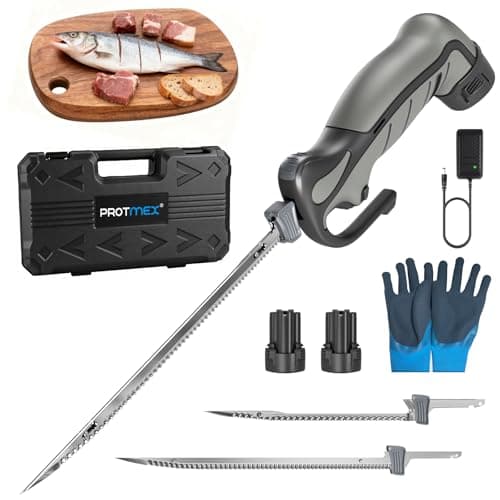 Protmex Cordless Electric Fillet Knife with 8" and 10" Sharp Blades, 12V Electric Fillet Knife with Non-slip Grip Handle, Gloves and Safety Lock, for Fishing, Filleting, Meat, Outdoors