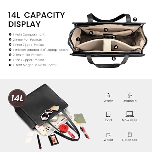 befen Genuine Leather Tote Bag for Women Work,Black Leather Tote Bag,Large Women's Zippered Shoulder Bags Purses Satchel Handbags with Top Handles Work Purse for Daily Travel - Thumbnail 5