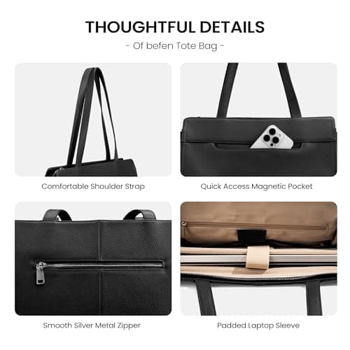 befen Genuine Leather Tote Bag for Women Work,Black Leather Tote Bag,Large Women's Zippered Shoulder Bags Purses Satchel Handbags with Top Handles Work Purse for Daily Travel - Thumbnail 6