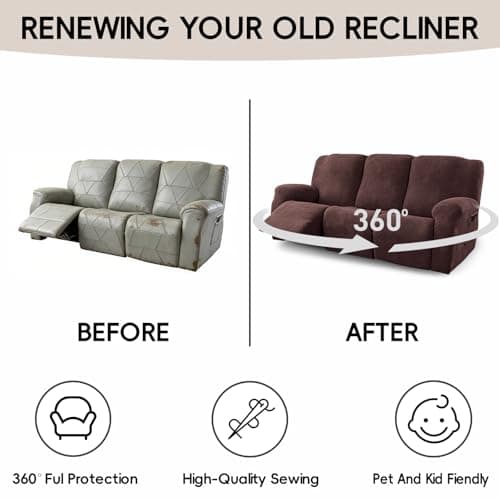 Cushonix 5-Piece Recliner Sofa Covers,Stretch Geometric Strokes Jacquard Recliner Sofa Slipcovers,Seamless Furniture Protector with Pocket,Soft Breathable Couch Cover,3 Seater Chocolate - Thumbnail 6