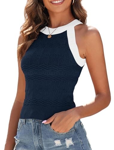 ZAFUL Womens Summer Halter Tops Striped Y2K Sleeveless Racerback Slim Fitted Stretchy Knit Cami Tank Tops, Navy Blue Block, Medium - Image 1