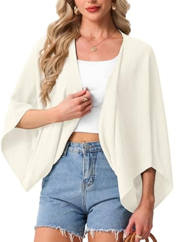 GRECERELLE Light Weight Cardigan for Women, Summer Open Front Kimono Cropped Bolero Cardigans, Casual Boho Cover Ups, Ivory White, M - Image 1