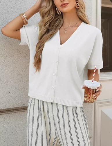 GRACE KARIN Womens Short Sleeve Cropped Cardigan Sweaters Knit Button Down Shirts V Neck Spring Summer Tops 2026 Fashion White - Thumbnail 6