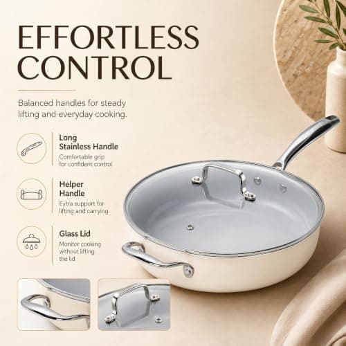 Kikcoin Nonstick Frying Pan with Lid - 12 inch Ceramic Deep Frying Pan for Cooking - 5 QT Large Saute Pan with Stay Cool Handle, Induction Ready, PFAS/PTFE/PFOA Free, All Oven/Dishwasher Safe - Thumbnail 6