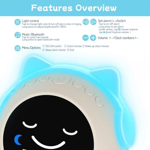 JAHUYU Kids Alarm Clock with Sleep Training, LED Night Light, Bluetooth Music, Multi-Color Display, Sound Machine, OK to Wake Light for Toddlers and Children - Thumbnail 6