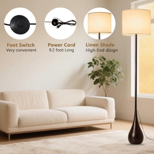 DLITISH Boho Floor Lamp 67 Inch Extal Tall, Modern Torchiere Lamp with Beige Linen Drum Shade, Large Farmhouse Black Teardrop Base Standing Lamp for Living Room, Bedroom, Corner, Office - Thumbnail 4