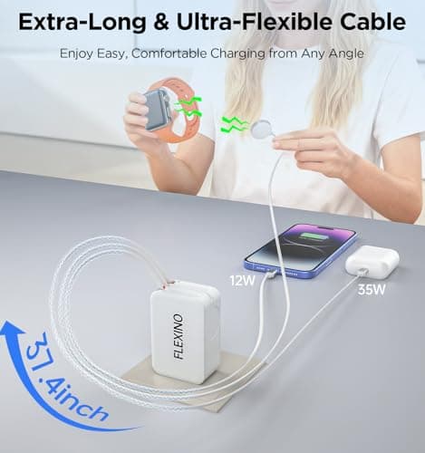 Flexino 5-in-1 Retractable Wall Charger with Apple Watch Charging, Foldable Plug Charger with 3.28ft Retractable Cable for iPhone 17/16/15/14 Pro Max, iPad & Wireless Earbuds (White) - Thumbnail 2
