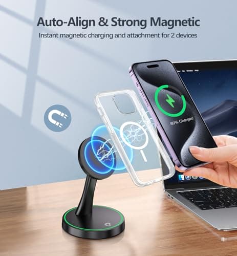 Magnetic Wireless Charger Stand 15W Fast Mag-Safe Charger for iPhone 17/17 pro/ 17 Air/ 17 pro max 16/15/14/13/12 Series Magnet Wireless Charging Station/Pad with Sleep-Friendly Light for AirPods - Thumbnail 6