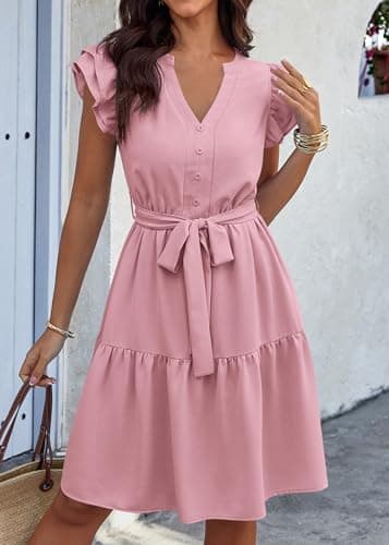 KIRUNDO Summer Dresses for Women 2026 Spring Flutter Sleeve V Neck Ruffle Flowy Tiered Knee Length Beach Vacation Sundress(Pink, XX-Large) - Thumbnail 3