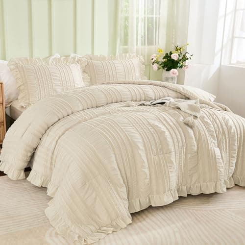 WONGS BEDDING Beige Ruffle Queen Comforter,Boho Shabby Chic Bedding for Queen Bed,Soft Seersucker Farmhouse Bedding Set with 1 Ruffled Comforter,2 Tufted Pillowcases 90"×90" - Thumbnail 2