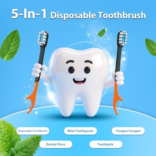 24Pack Disposable Toothbrushes with Toothpaste + Pick + Floss + Tongue Scraper 5-in-1 Mini Prepasted Travel Toothbrush for Hotel Camping Flight Car Single Use Portable Individually Wrapped | Mint - Thumbnail 5