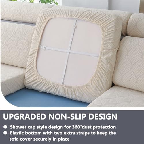 Genina 100% Waterproof Couch Cushion Covers for Pets - L Shape Chaise Lounge Cover Stretch Seat Chaise Couch Cover Jacquard Non Slip Sectional Couch Covers Sofa Slipcovers Washable (1 Piece, Ivory) - Thumbnail 5