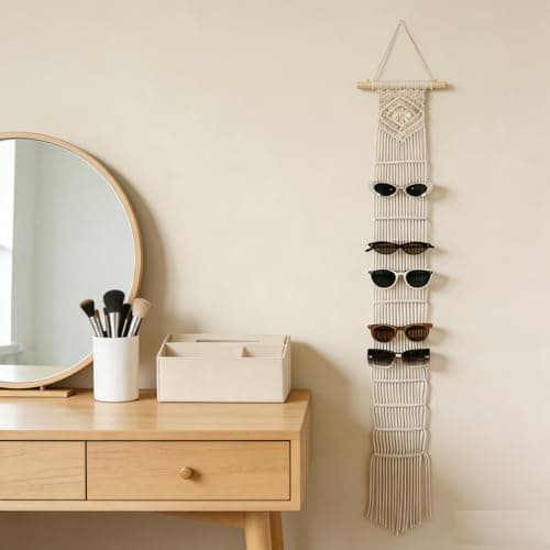 W Wellshine Macrame Sunglasses Holder Boho Wall Hanging Minimalist Eyewear Organizer Wall Sunglasses Rack Sunglasses Display (Nature) - Thumbnail 6