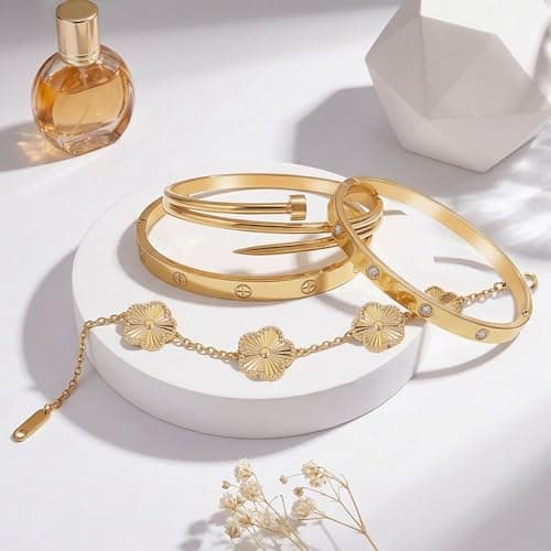 Stackable Gold Bracelets for Women - 4 Sets, 18K Gold Plated Bracelets, Stainless Steel Bangle Bracelets Non-Tarnish, Stylish Gold Jewelry Ensemble, Valentine's Day, Birthday and Christmas Jewelry Gifts - Thumbnail 6