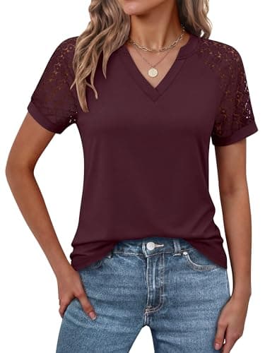 ANRABESS Womens Short Sleeve V Neck Shirts Lace Dressy Casual Blouse 2026 Summer Business Work Tops Vacation Trendy T-Shirts Wine Red Medium