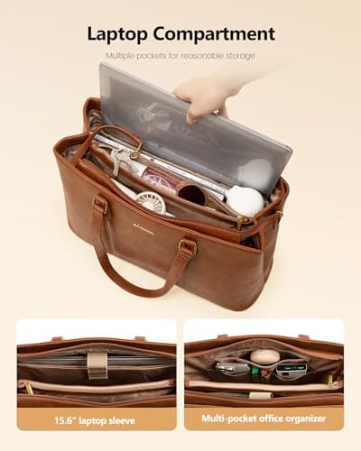LOVEVOOK Laptop Tote Bag for Women, 15.6 Inch Vintage PU Leather Work Bag with Wristlet, Professional Computer Briefcase for Teacher,Office, Daily (Brown) - Thumbnail 5