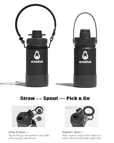 avodvo 12 oz Insulated Water Bottle with 2 Lids (2-in-1 Straw & Spout Lid, Magnetic Lid), Kids Water Bottle with Strap, Kids Stainless Steel Water Bottle for School, PA-Free, Black - Thumbnail 3