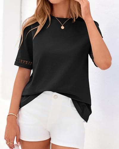 BTFBM Summer Tops for Women Lace Short Sleeve Shirt 2026 Spring Casual Loose Crew Neck Cotton Knit Cute Business Blouses(Black, Small) - Thumbnail 4