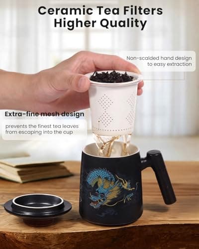Foinly Ceramic Tea Cup with Infuser and Lid, 13.5 oz Tea Mug for Loose Leaf Tea,Wood Handle,Chinese Dragon Design,All Porcelain Strainer,BPA-Free, Perfect for Tea Lovers/Birthday/Mother's Day (Black） - Thumbnail 2